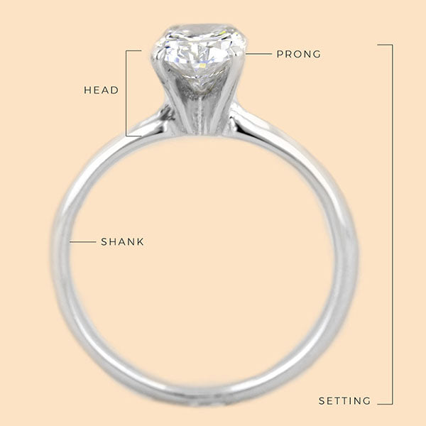 Anatomy of a Ring labeling the head, prong, shank and setting